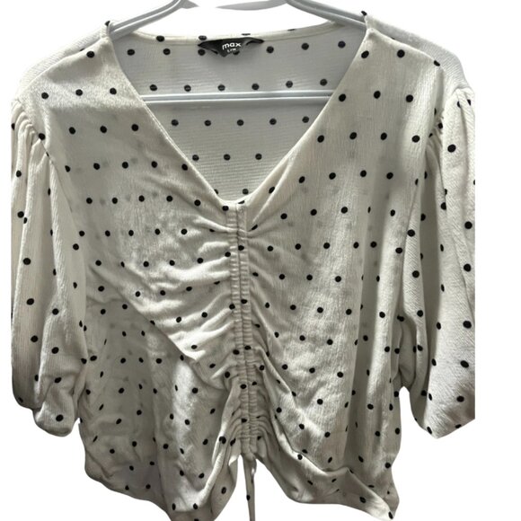 Polka Dot Puff Sleeved Drawstring Blouse - Picture 1 of 4